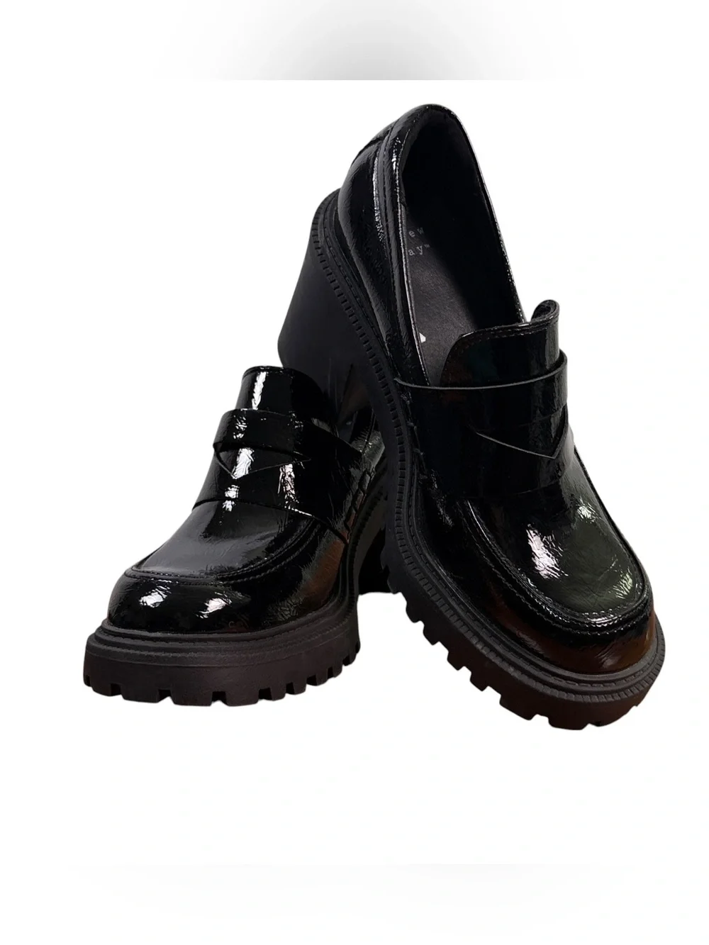 A New Day Black Patent Platform Loafers Size 9 Chunky Lug Sole Block Heel